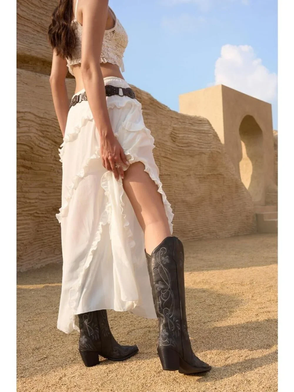 Women's Dark Bronze pu Knee High Floral Embroidered Vintage Cowgirl Boots